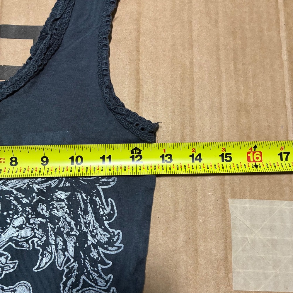 Y2K 2000s Biker Graphic Tank Top Skull Crossbones Lace Trim Charcoal grey grunge - Picture 4 of 6